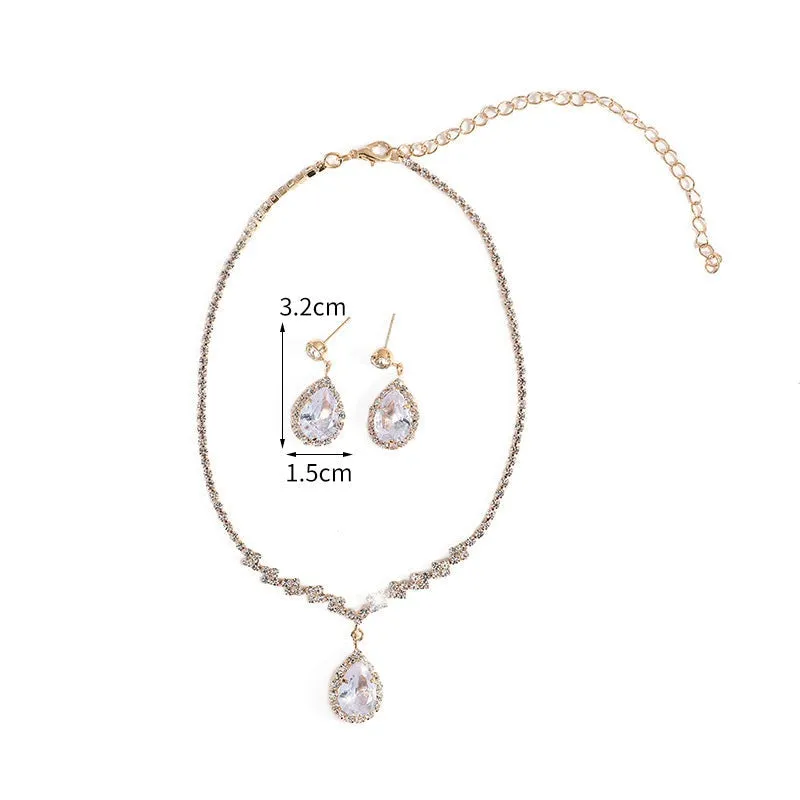 Rhinestone zircon necklace and earrings two-piece set bride wedding dress necklace accessories