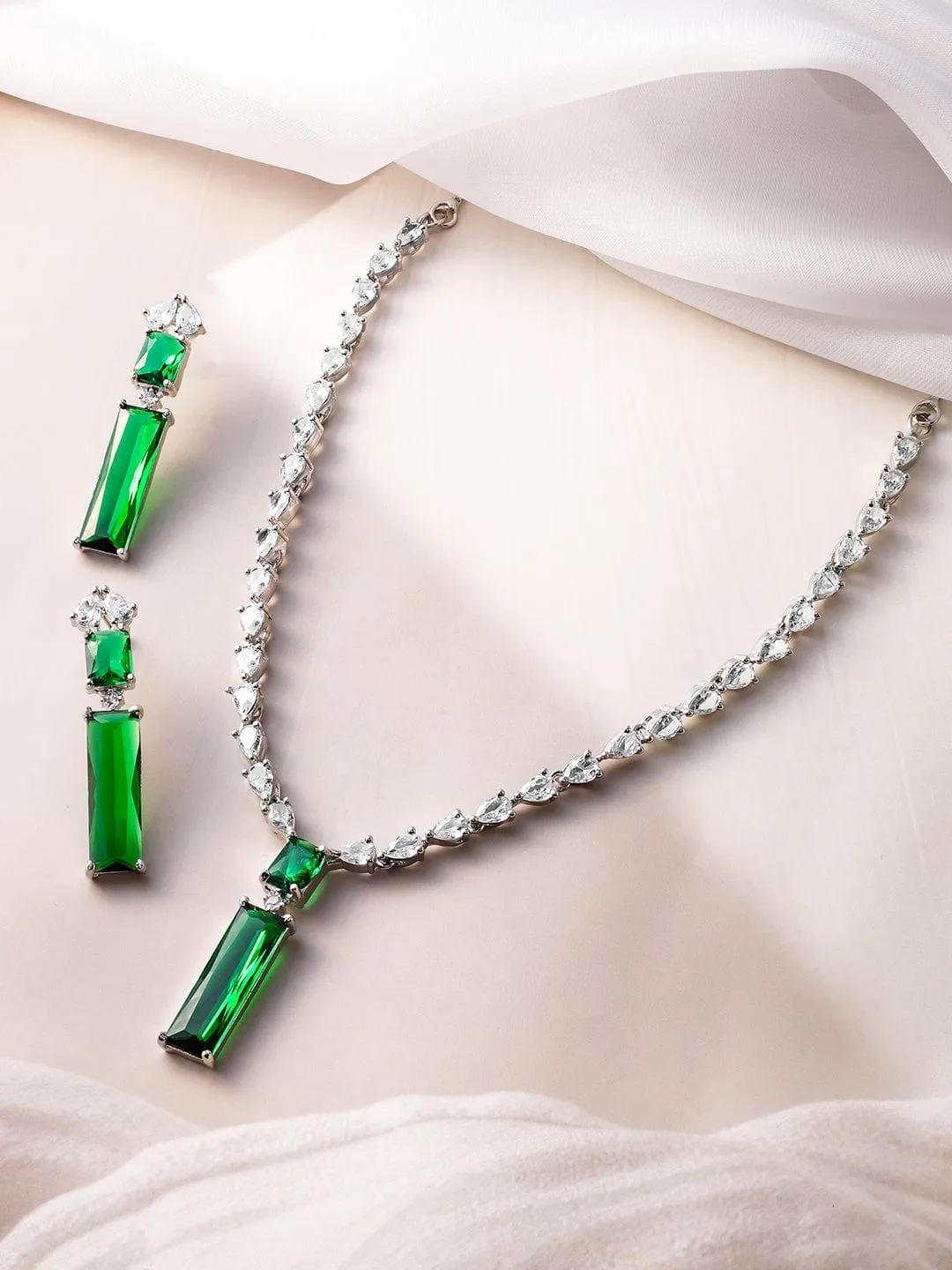 Rhodium Plated Emerald Green and White Cubic Zirconia Studded Statement Necklace Set