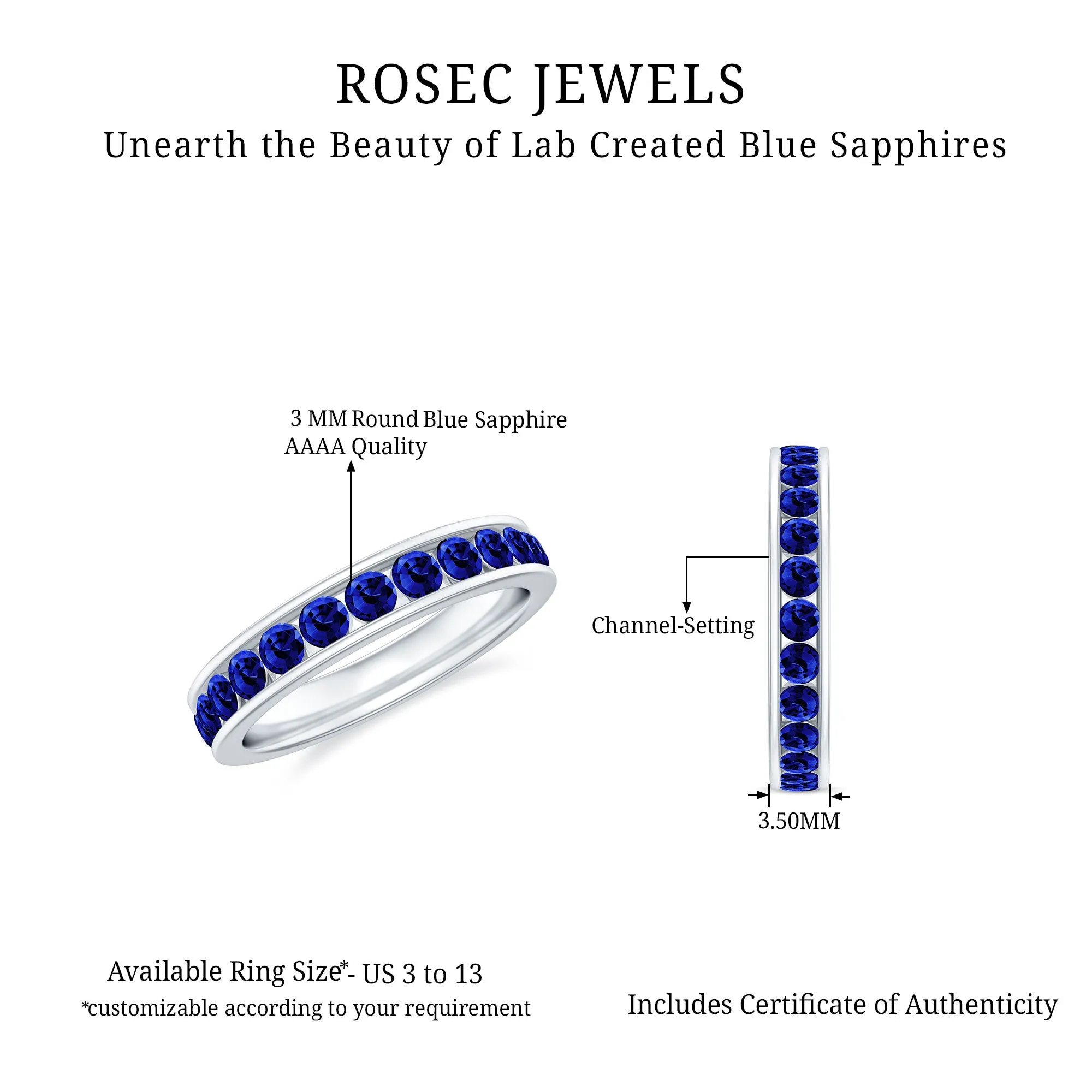 Round Created Blue Sapphire Full Eternity Ring in Channel Setting