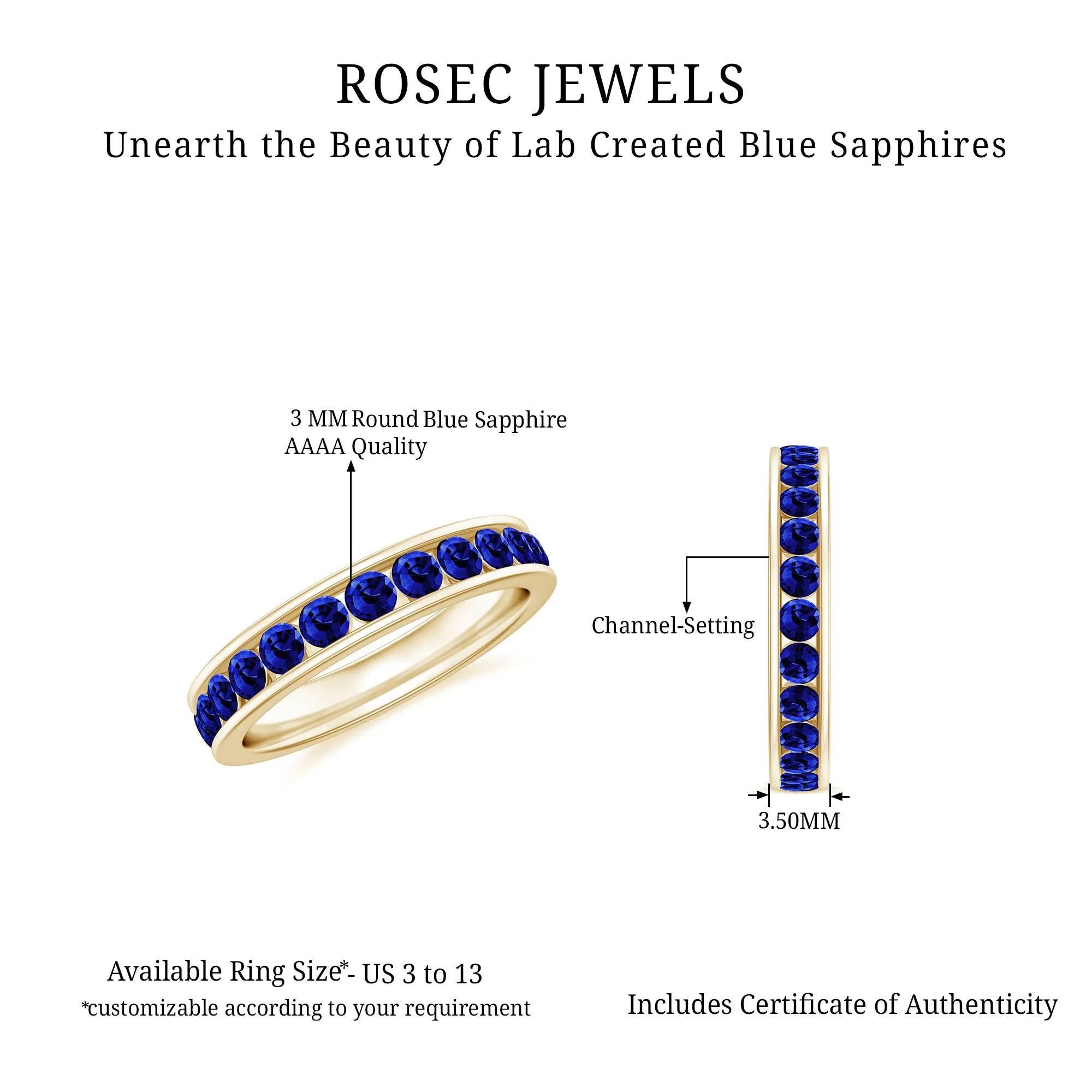 Round Created Blue Sapphire Full Eternity Ring in Channel Setting