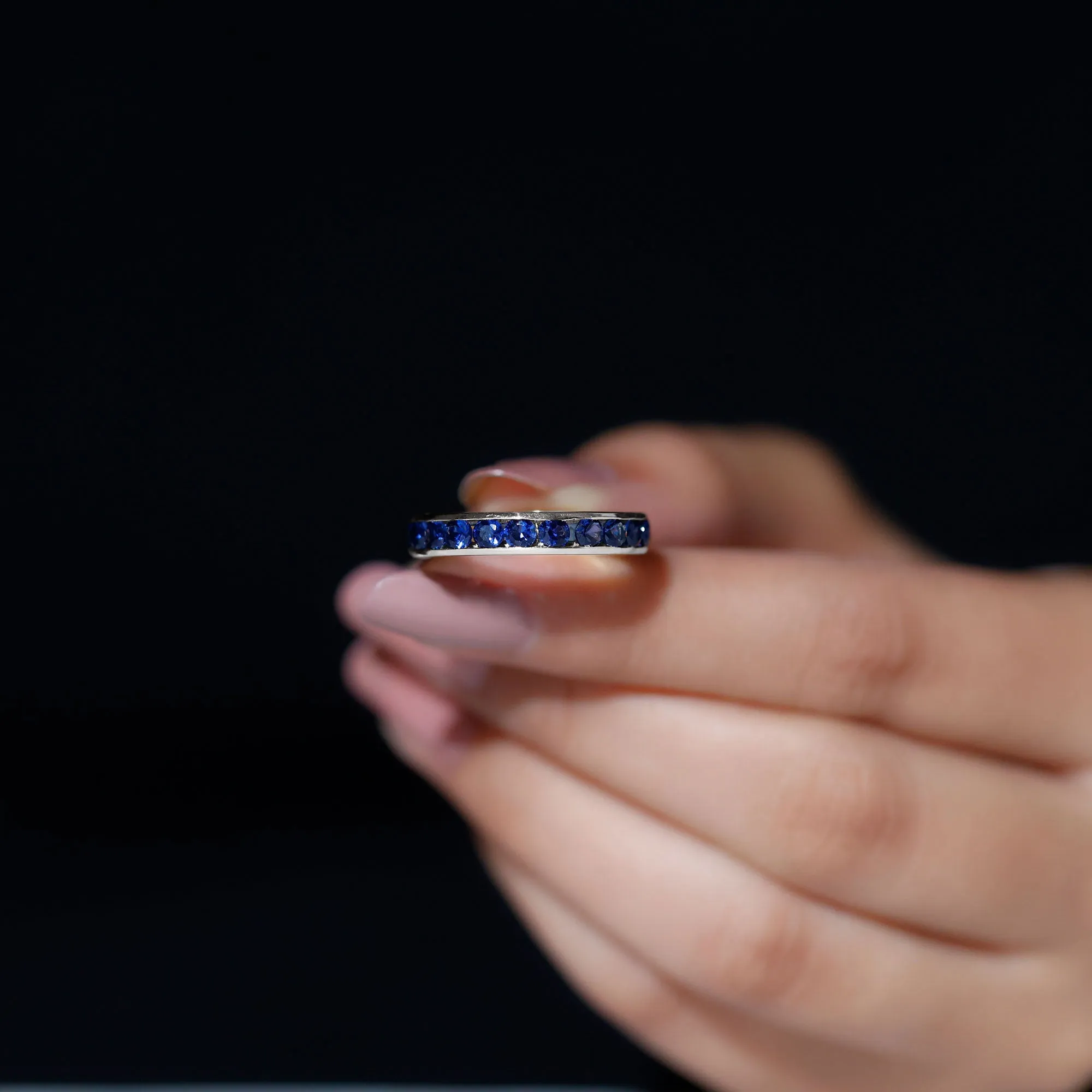 Round Created Blue Sapphire Full Eternity Ring in Channel Setting