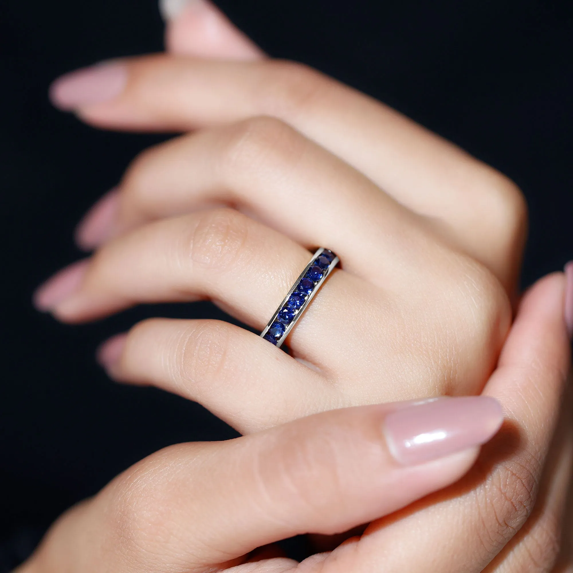 Round Created Blue Sapphire Full Eternity Ring in Channel Setting