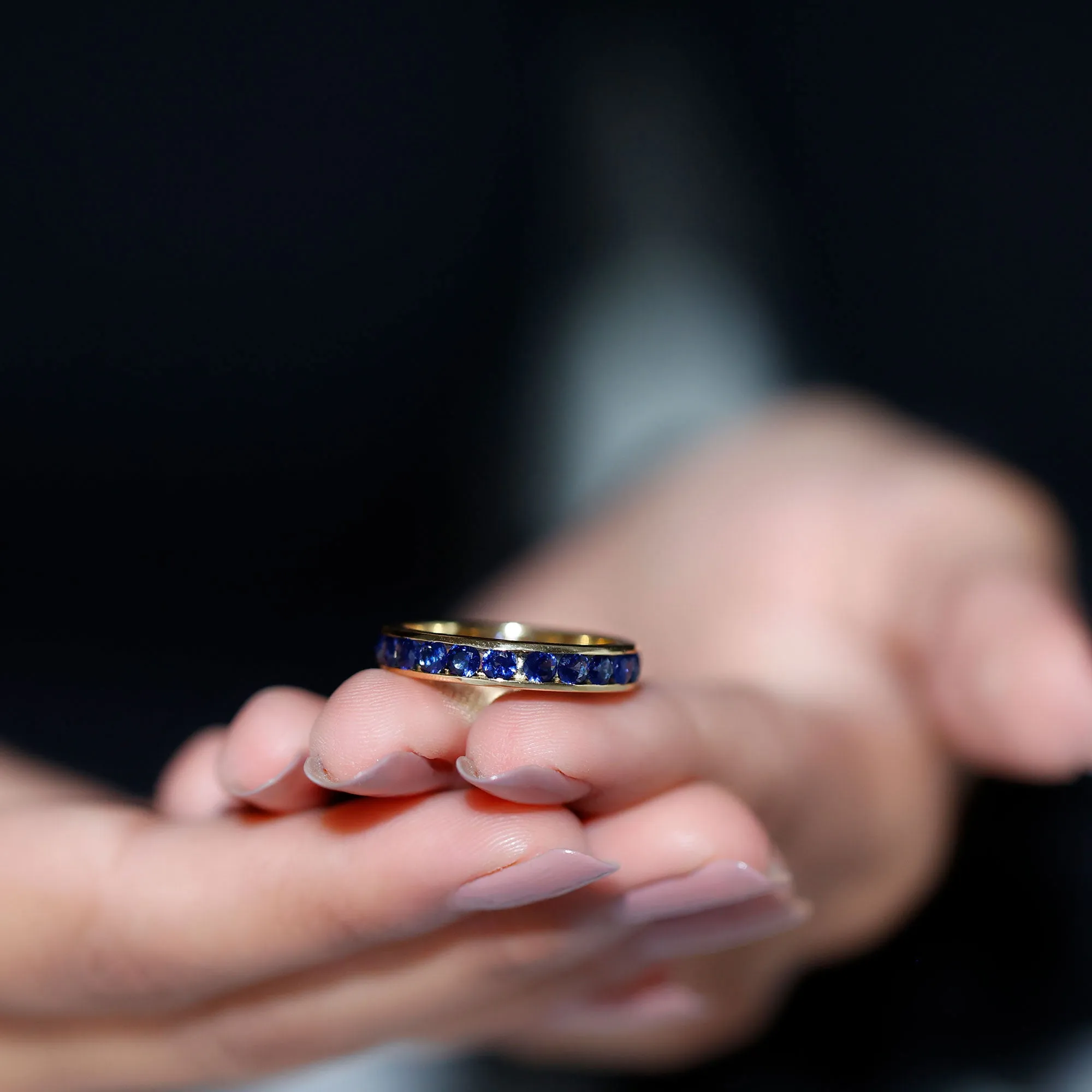 Round Created Blue Sapphire Full Eternity Ring in Channel Setting