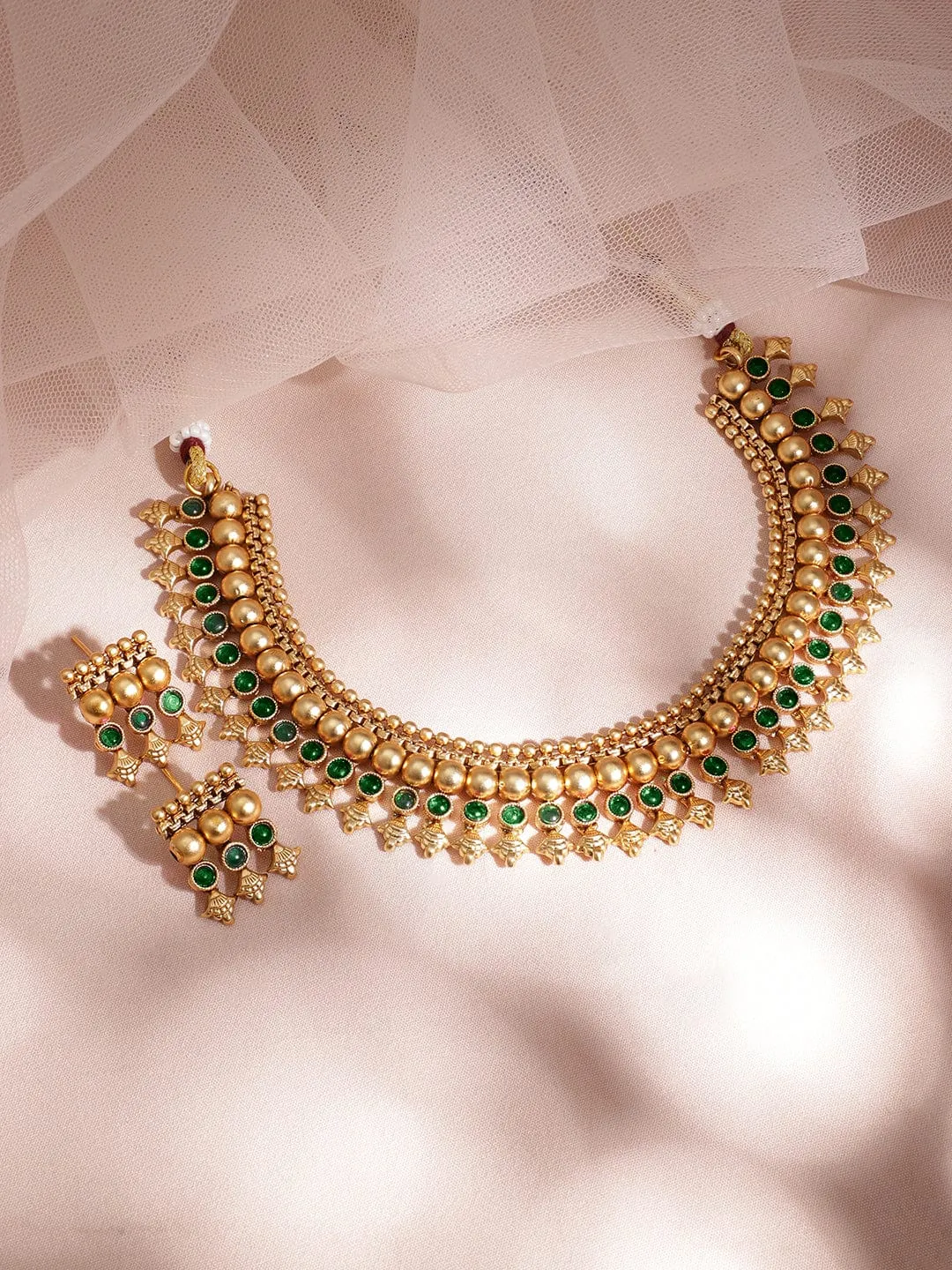 Rubans 22K Gold-Plated Emerald Green Stone Studded Golden Beaded Traditional Necklace Set