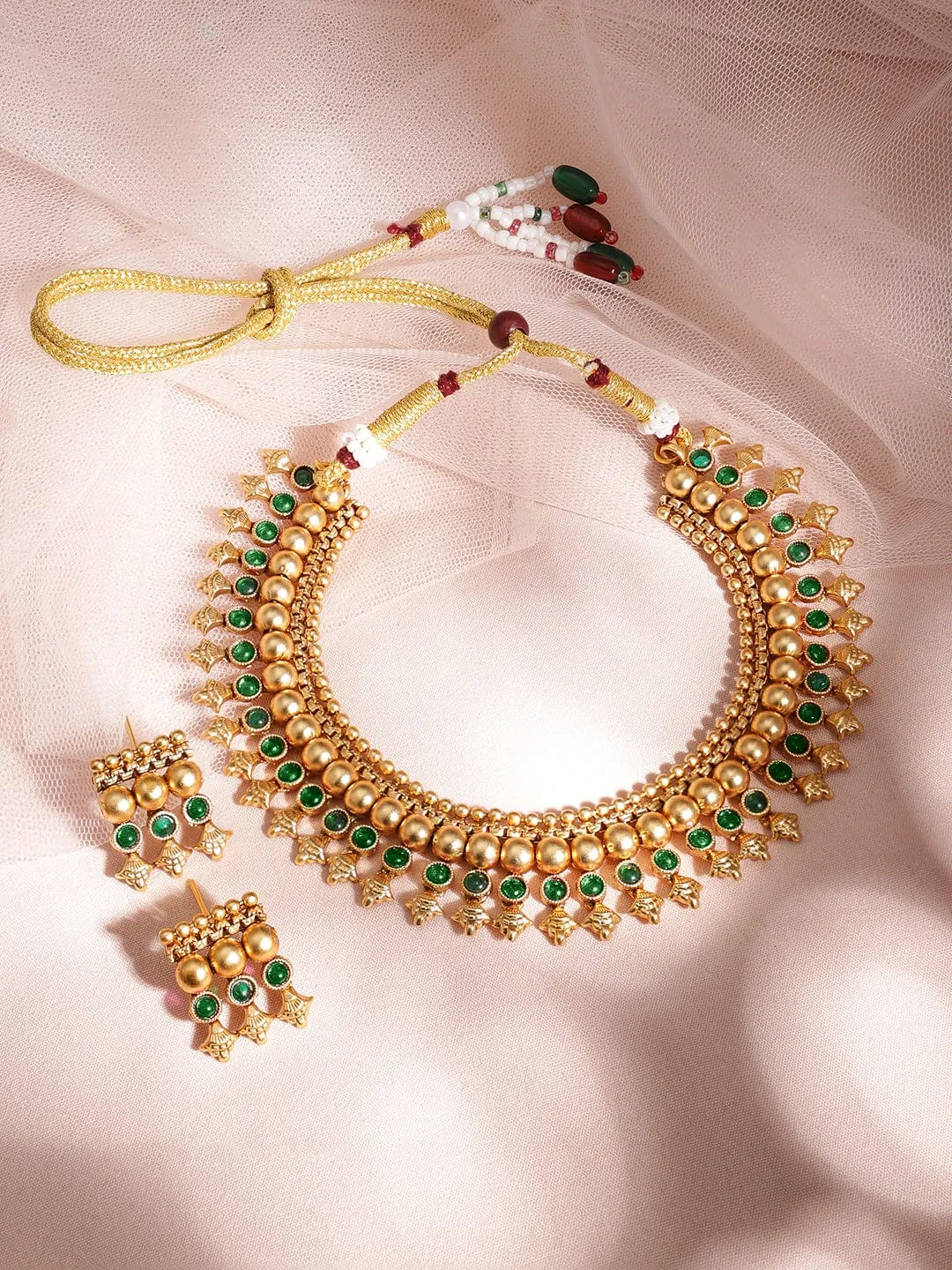 Rubans 22K Gold-Plated Emerald Green Stone Studded Golden Beaded Traditional Necklace Set