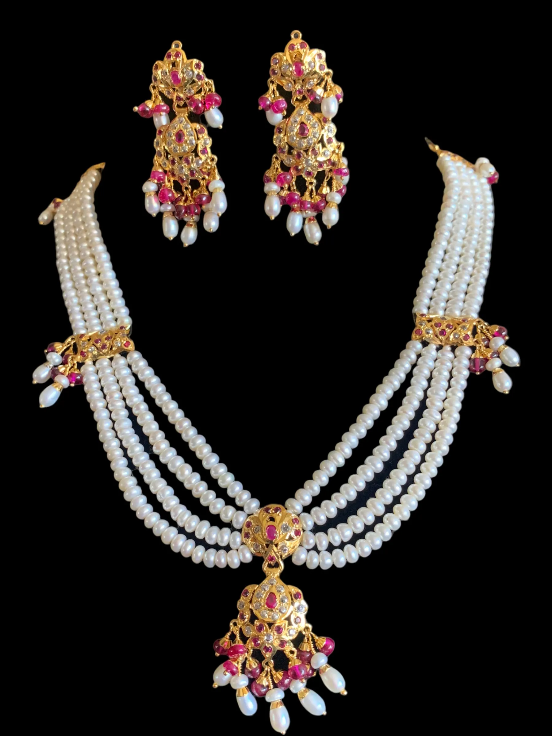 Ruby and zircon jadau gold plated silver necklace with earrings ( READY TO SHIP)