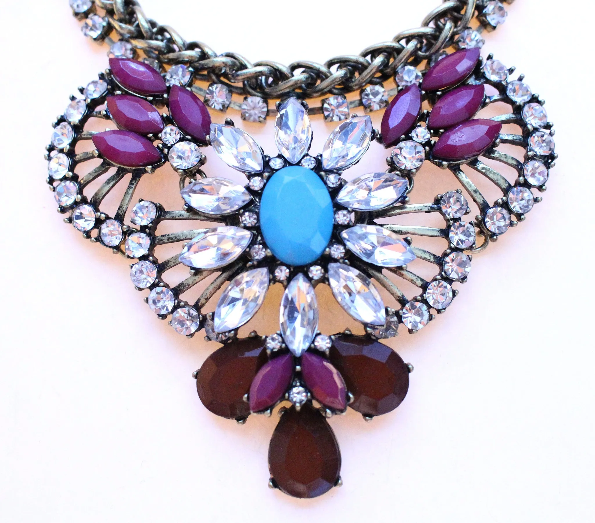 Rustic Glam Crystal Pendant Statement Necklace-Purple & Turquoise