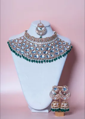 Sai Emerald Kundan Rose Gold Necklace, Earring & Tikka Set By Jaipur Rose Luxury Indian Jewelry Online