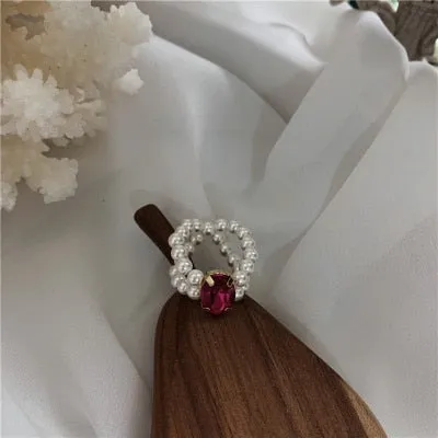 Shiny Colorful Crystal Handmade Braided Imitation Pearl Rings for Women Party Wedding