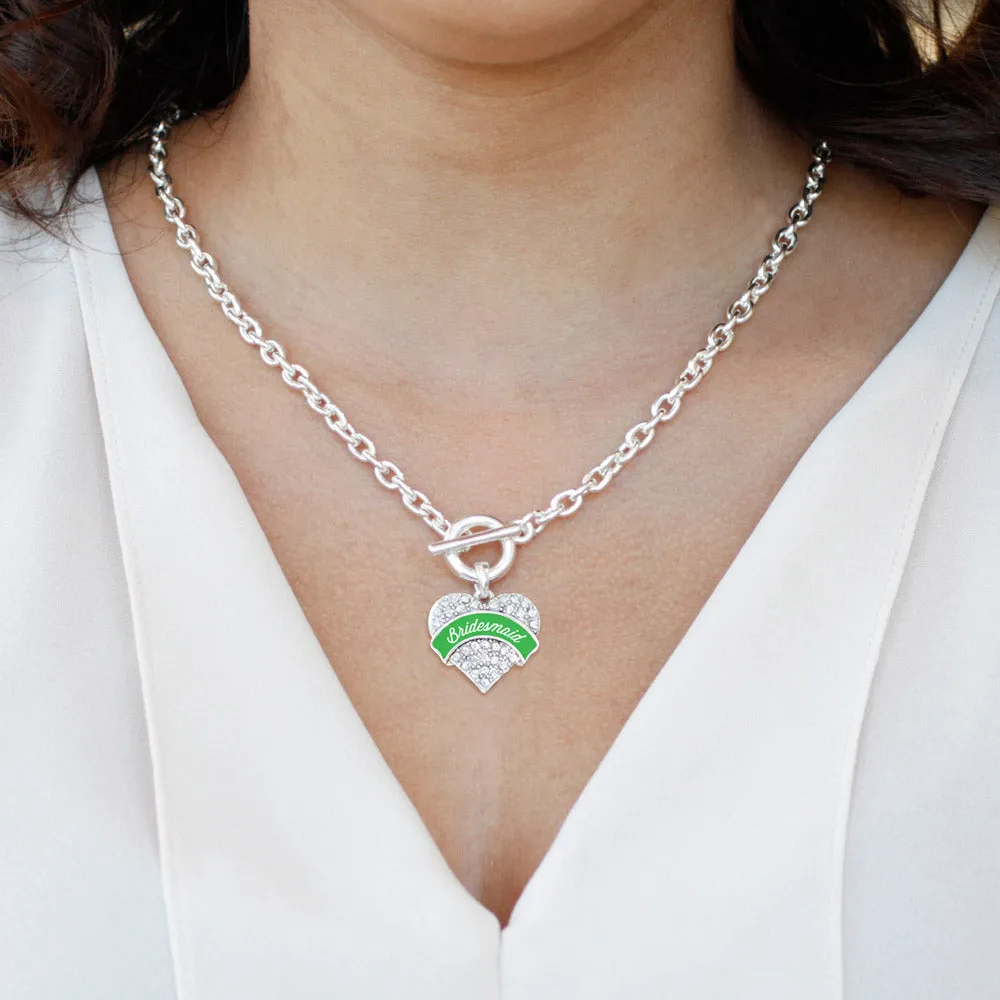 Silver Emerald Green Bridesmaid Pave Heart Charm Toggle Necklace