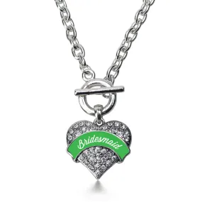 Silver Emerald Green Bridesmaid Pave Heart Charm Toggle Necklace