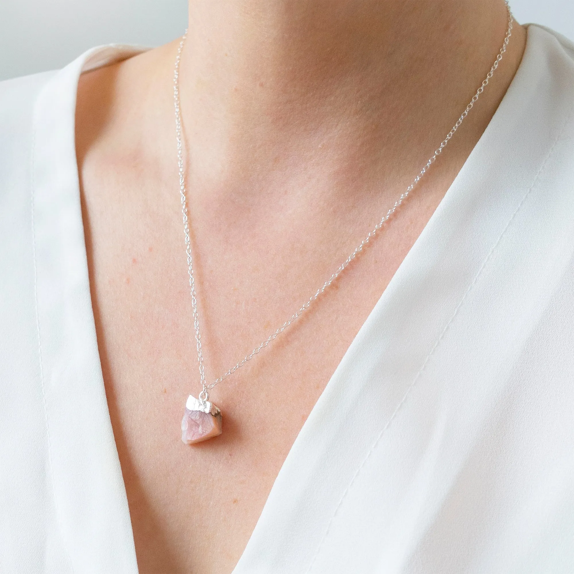 Silver Pink Opal Raw Crystal Necklace