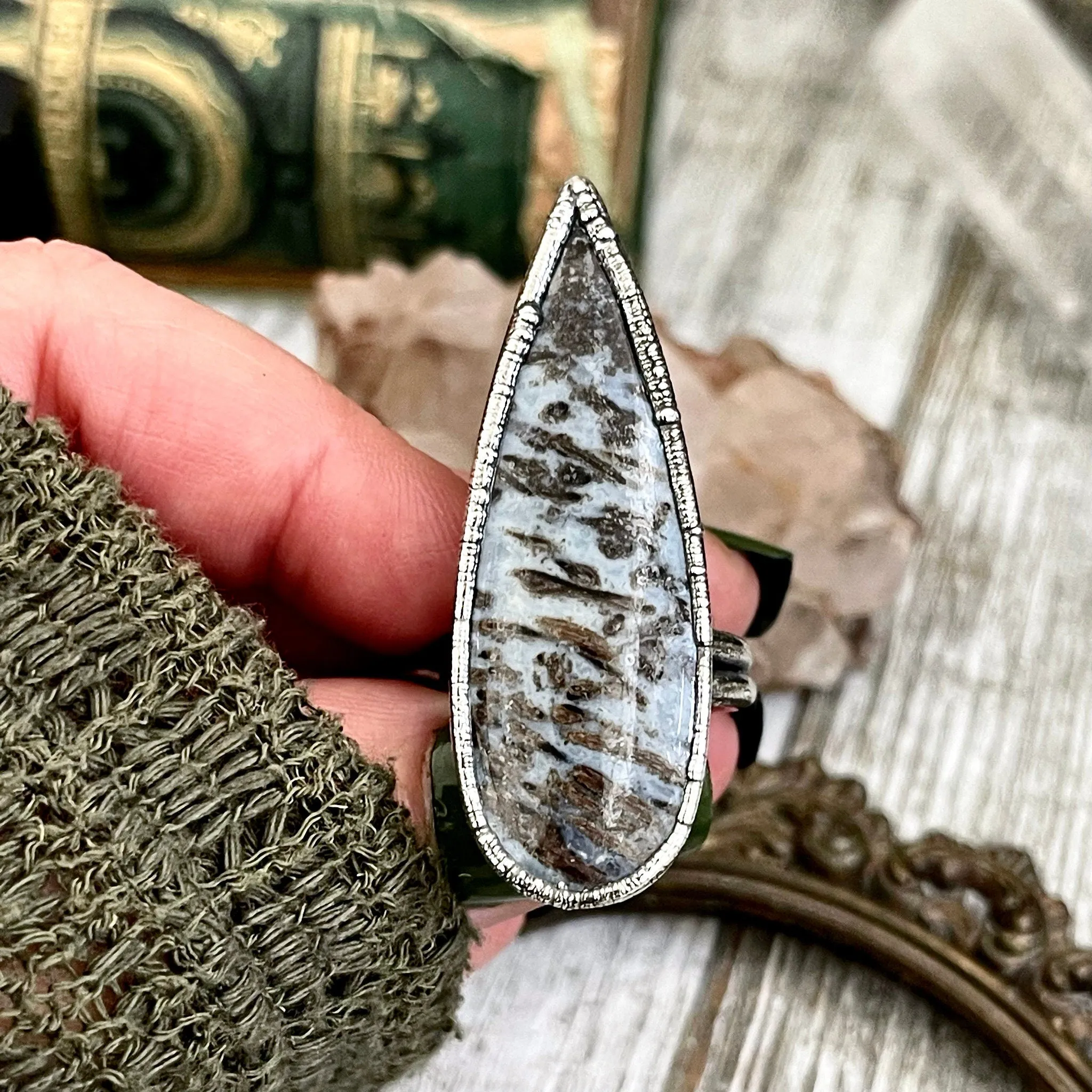 Size 9 Large Blue Fossilized Palm Root Statement Ring in Fine Silver / Foxlark Collection - One of a Kind