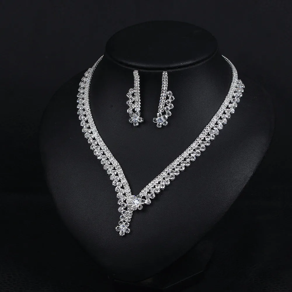 Small fresh light luxury full diamond zircon necklace earrings clavicle chain set bride wedding dinner dress