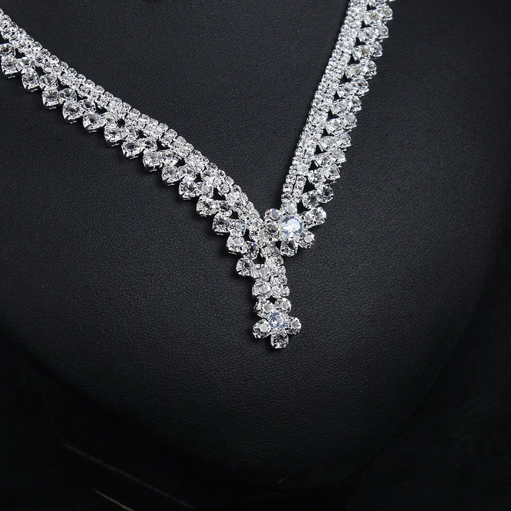 Small fresh light luxury full diamond zircon necklace earrings clavicle chain set bride wedding dinner dress