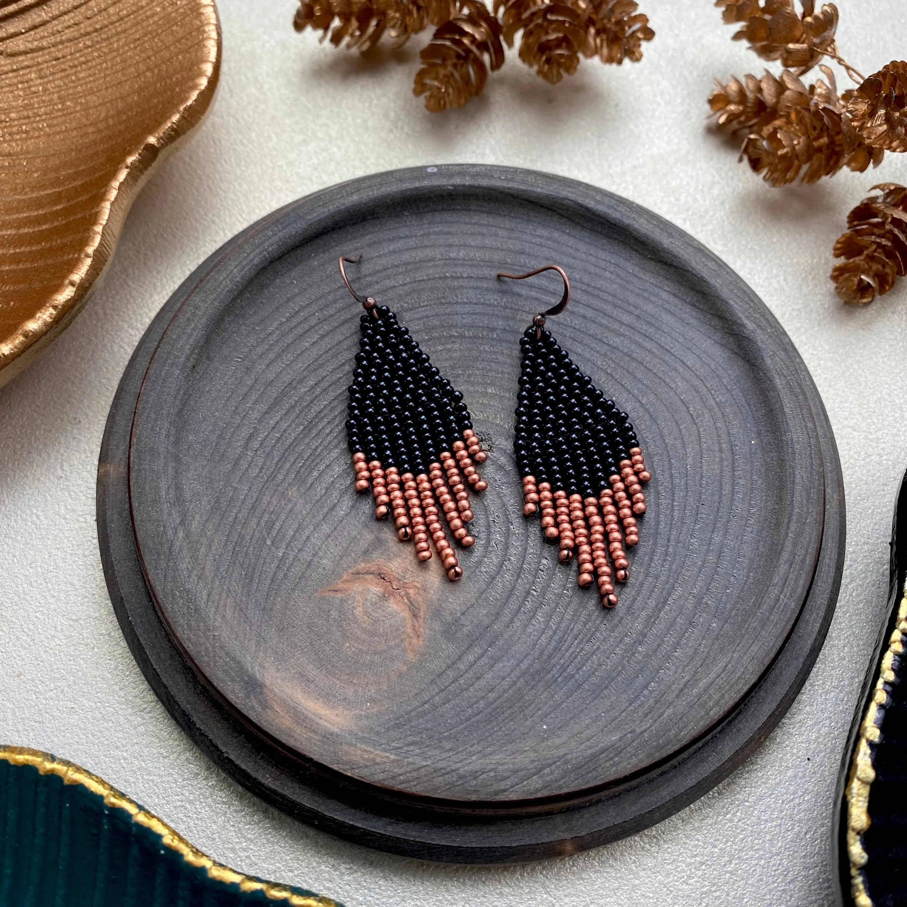 Small Fringe Seed Bead Earrings. Chandelier Earrings for Women. Black Gold Copper beaded earrings. Cute earrings with short fringe. Dainty Earrings.