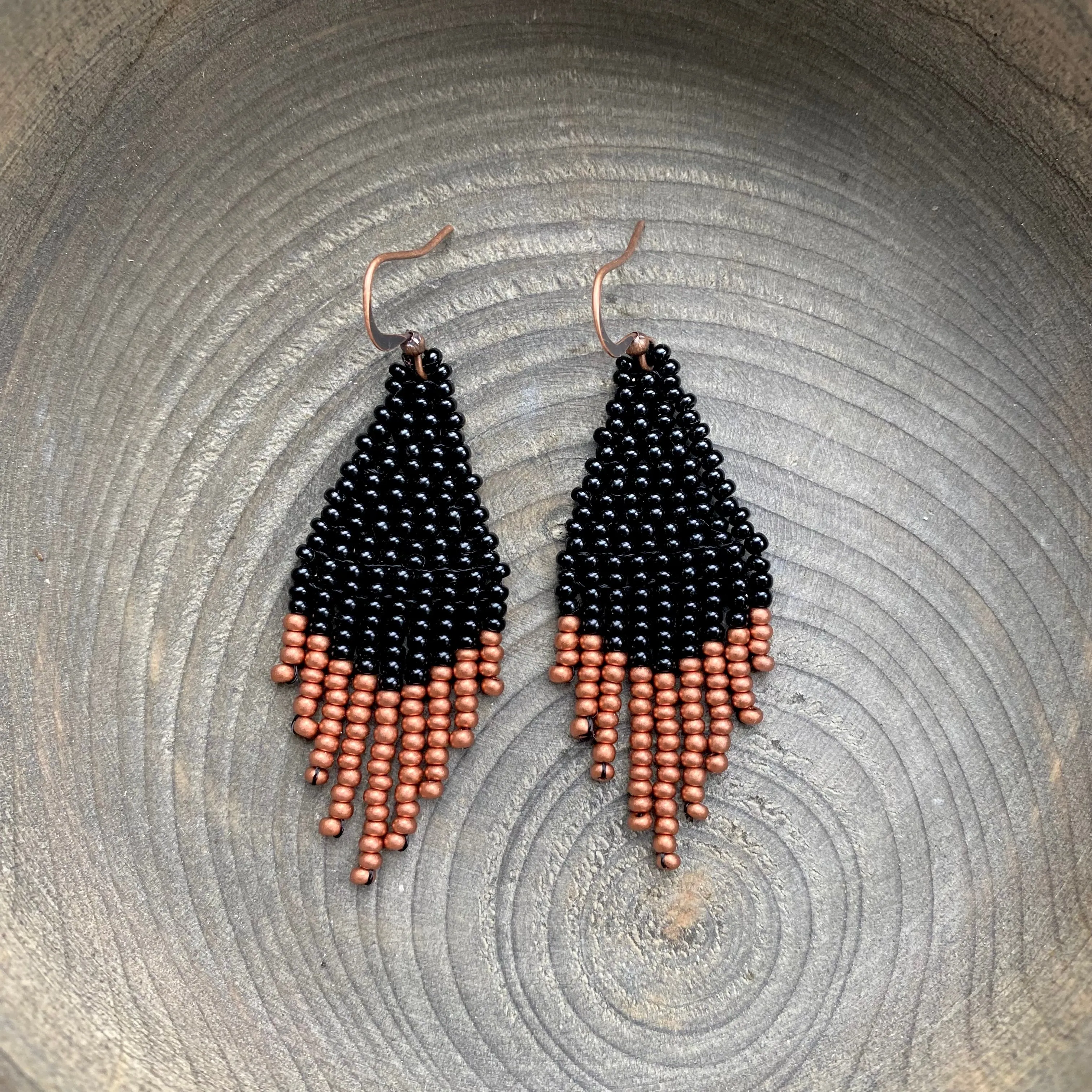 Small Fringe Seed Bead Earrings. Chandelier Earrings for Women. Black Gold Copper beaded earrings. Cute earrings with short fringe. Dainty Earrings.