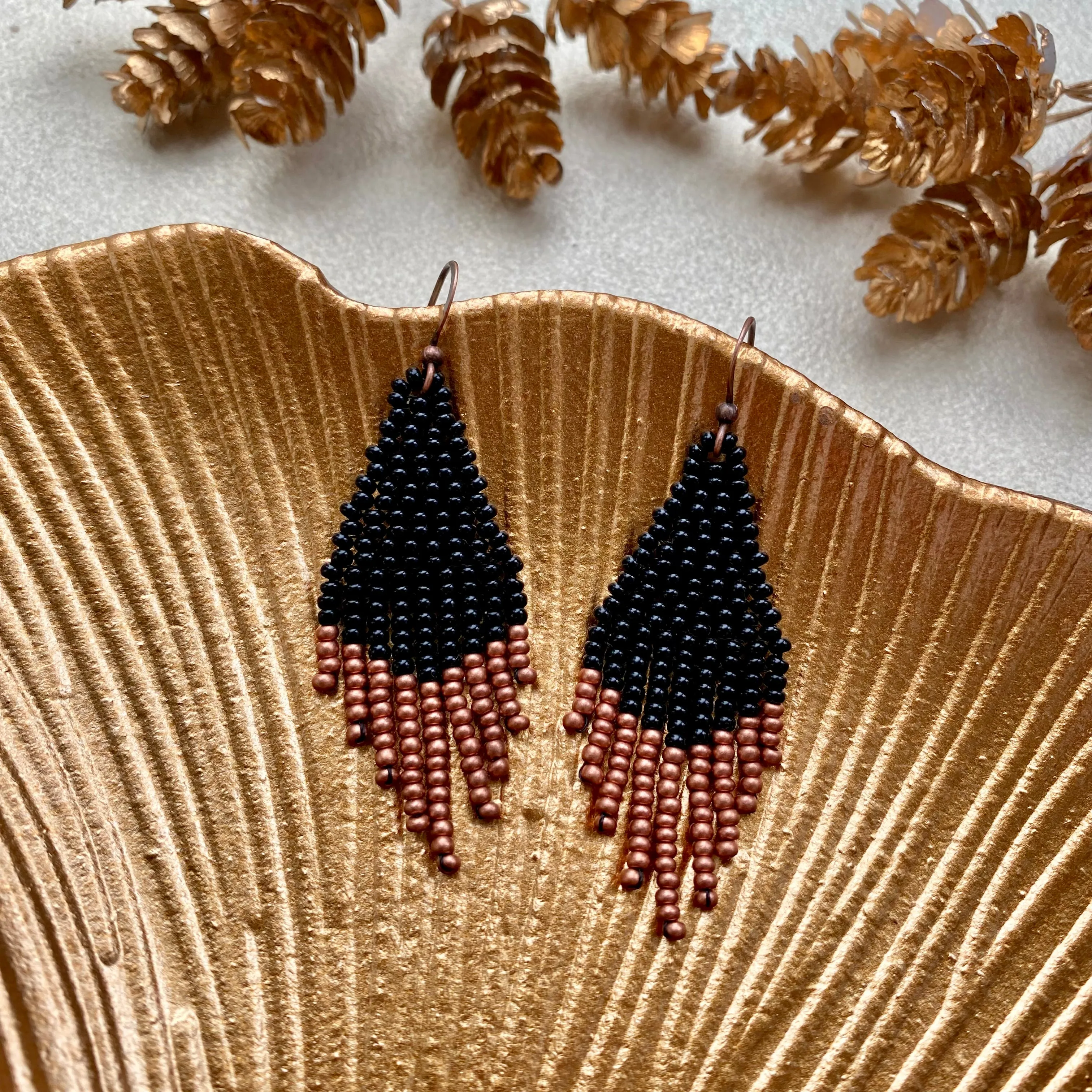 Small Fringe Seed Bead Earrings. Chandelier Earrings for Women. Black Gold Copper beaded earrings. Cute earrings with short fringe. Dainty Earrings.