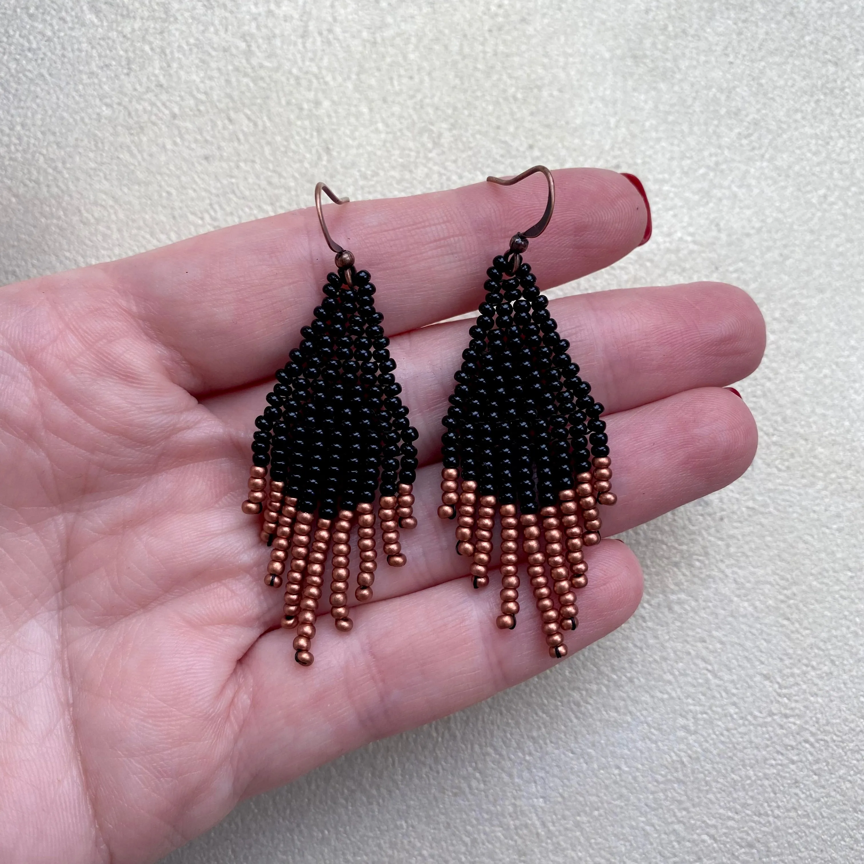 Small Fringe Seed Bead Earrings. Chandelier Earrings for Women. Black Gold Copper beaded earrings. Cute earrings with short fringe. Dainty Earrings.