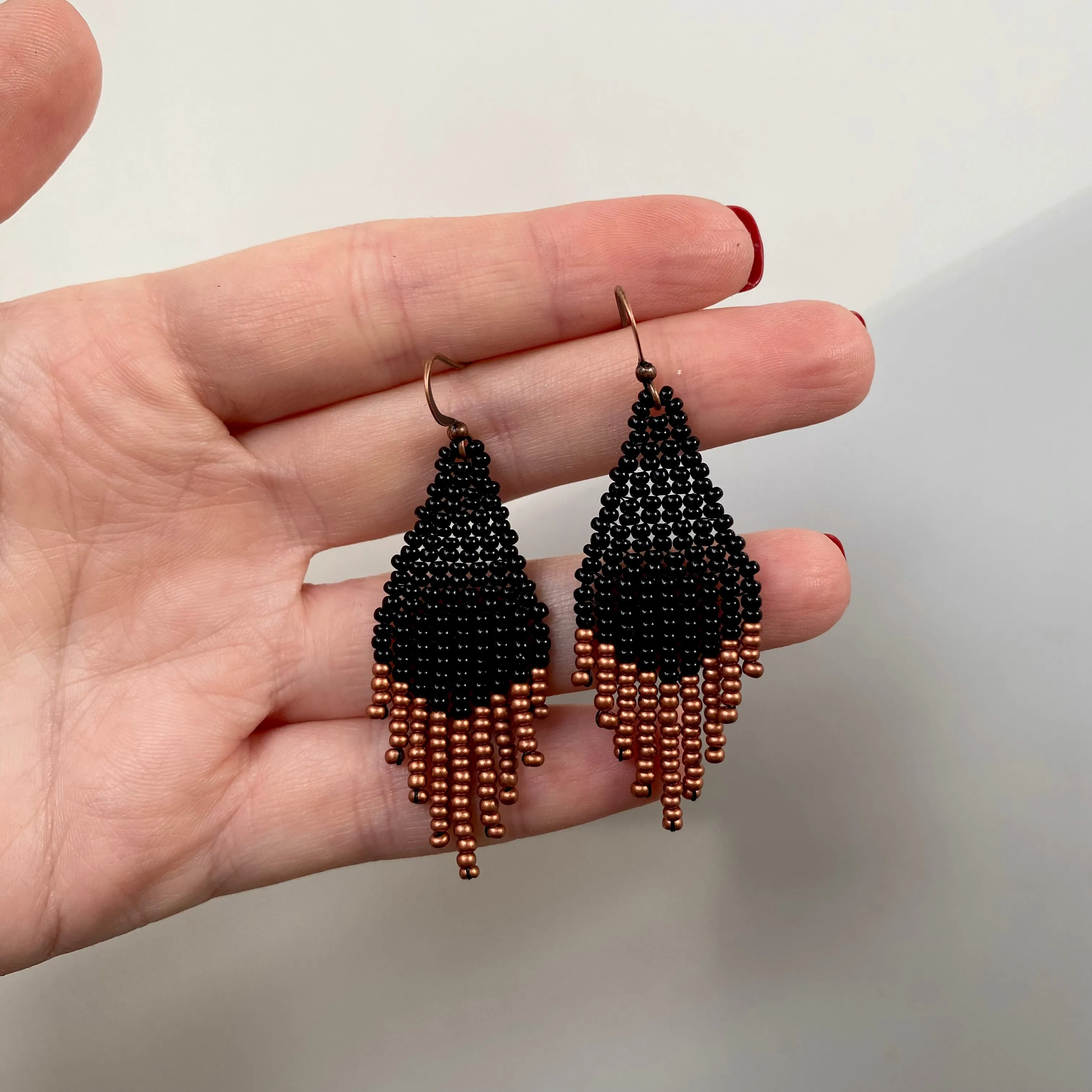 Small Fringe Seed Bead Earrings. Chandelier Earrings for Women. Black Gold Copper beaded earrings. Cute earrings with short fringe. Dainty Earrings.