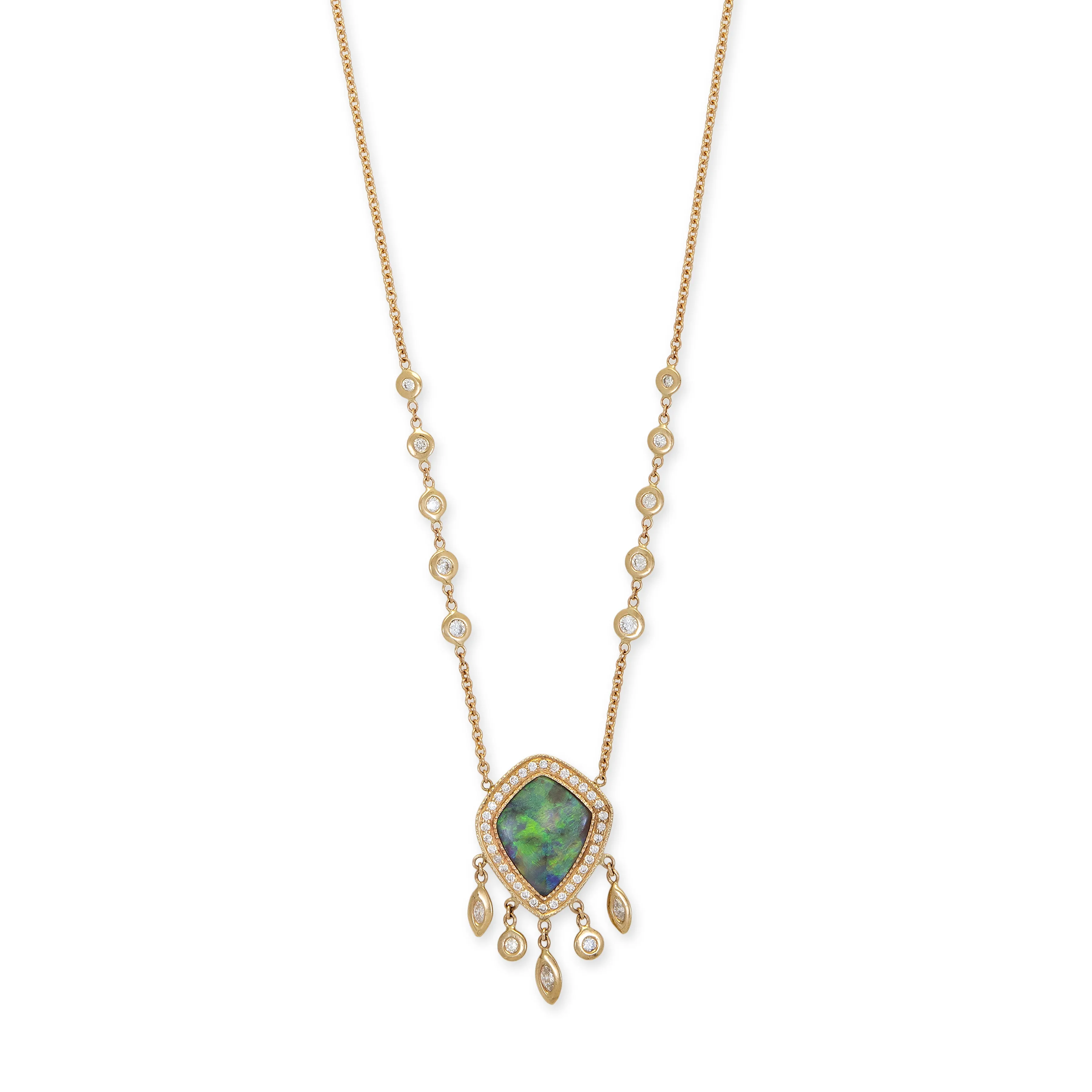 SMALL PAVE OPAL KITE   MARQUISE AND ROUND DIAMOND SHAKER NECKLACE