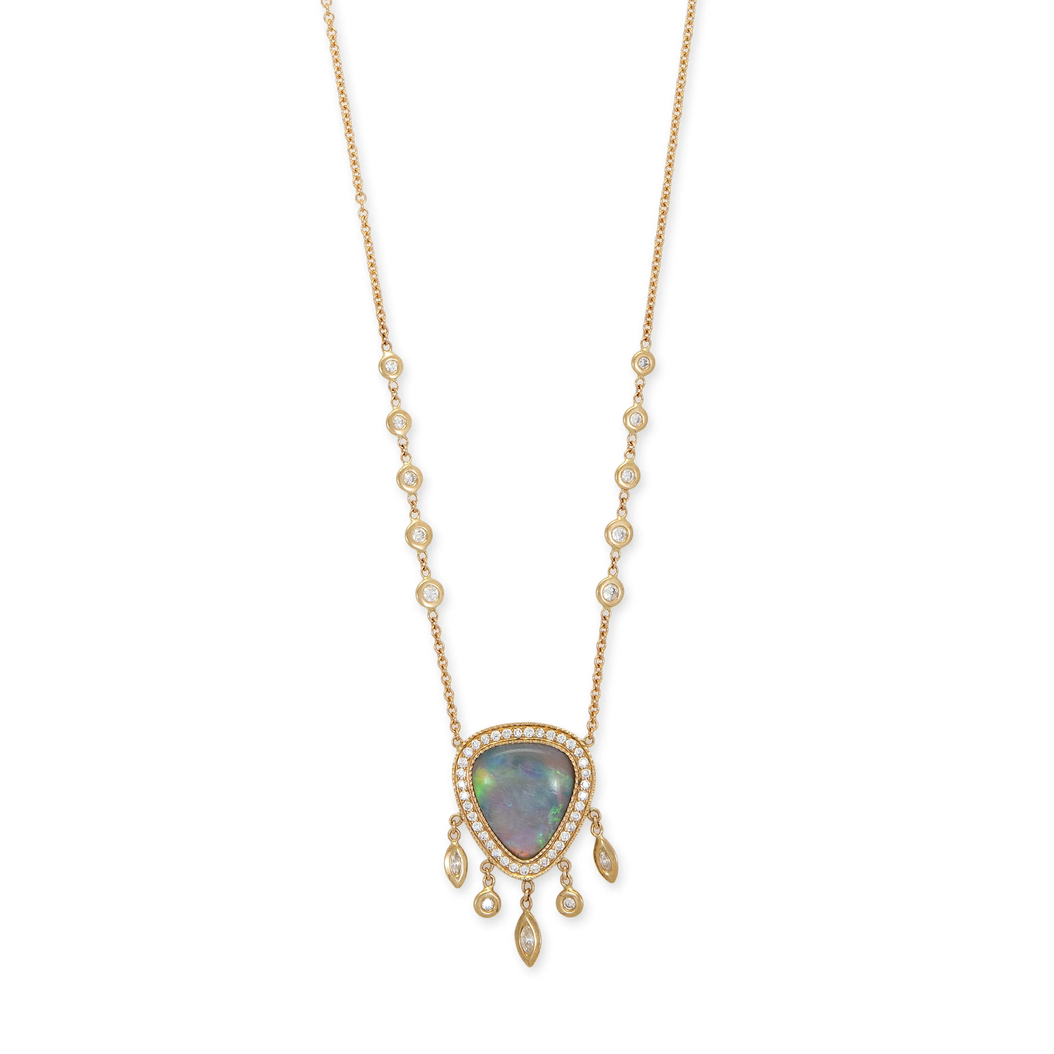 SMALL PAVE OPAL TRILLION   MARQUISE AND ROUND DIAMOND SHAKER NECKLACE