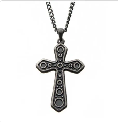 Stainless Steel with Antiqued Finish in Circular Design Cross Pendant with 24" Chain