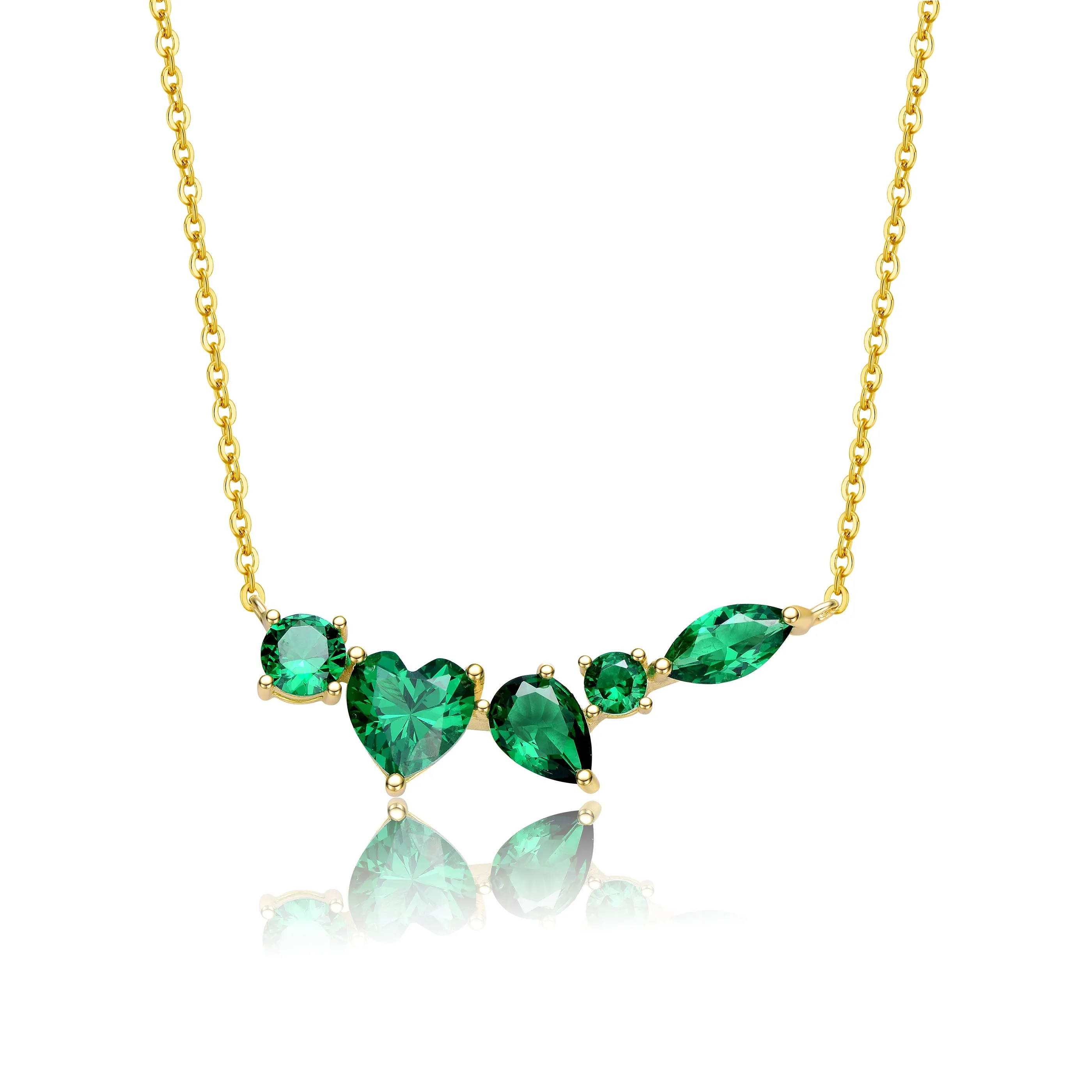 Sterling Silver 14k Yellow Gold Plated Mixed Cut Emerald Cubic Zirconia Cluster Necklace