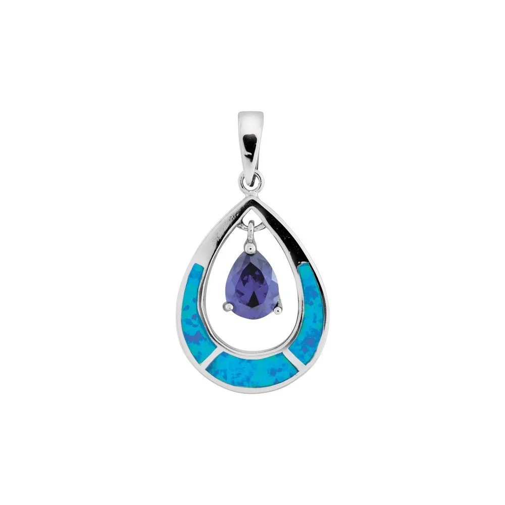 Sterling Silver Blue Inlay Created Opal Open Oval with Blue Teardrop CZ Pendant (82217)