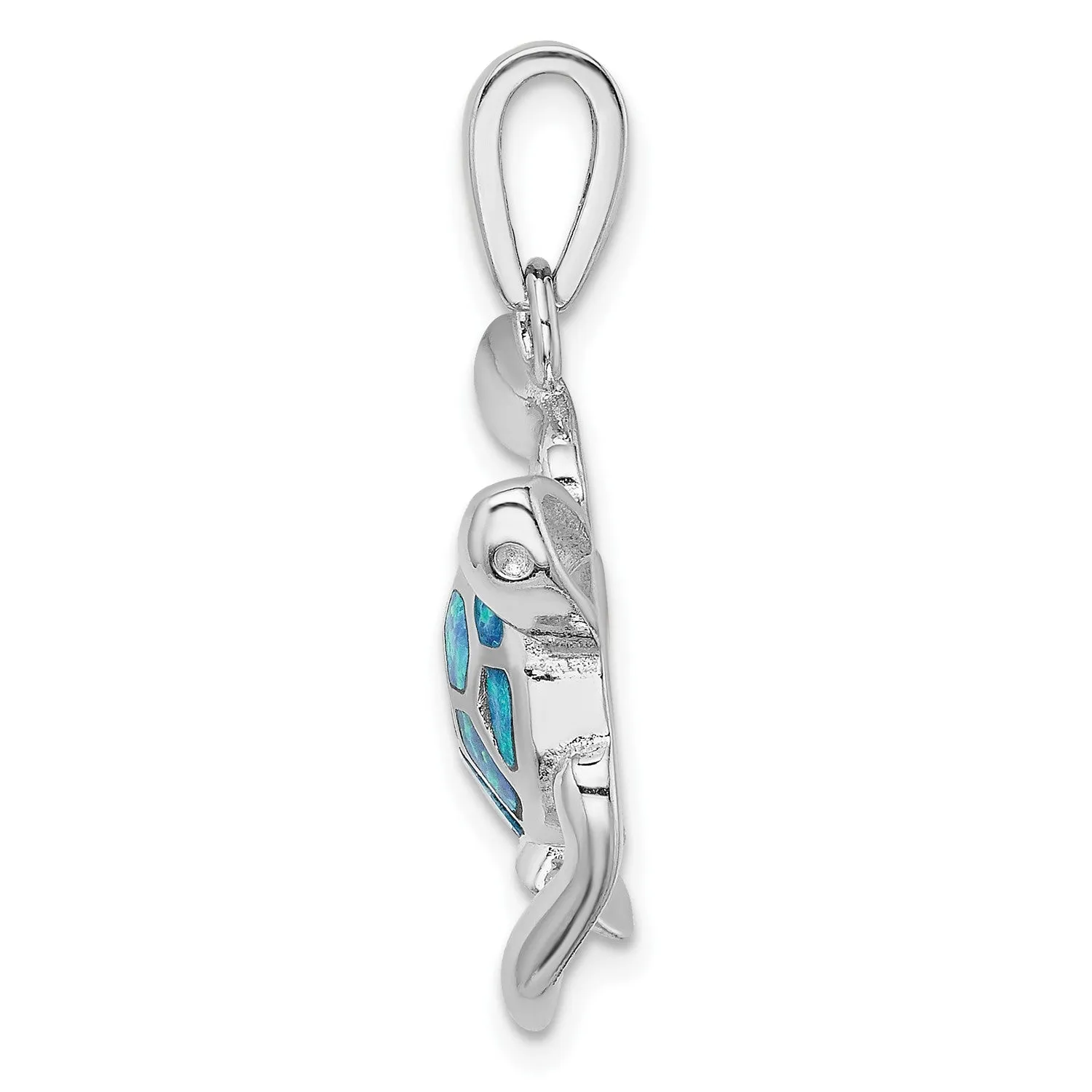 Sterling Silver Created Opal Inlay Turtle Pendant. Chain Not Included