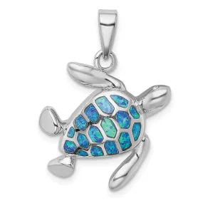 Sterling Silver Created Opal Inlay Turtle Pendant. Chain Not Included