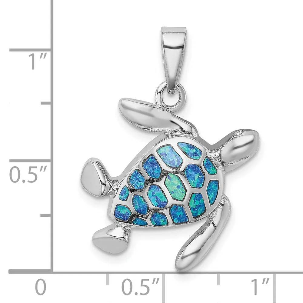 Sterling Silver Created Opal Inlay Turtle Pendant. Chain Not Included