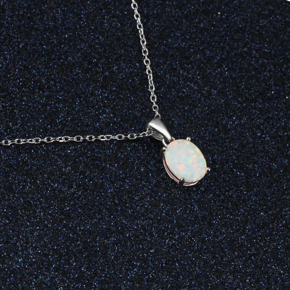 Sterling Silver Pendant  Oval White Pink Blue Opal Necklace