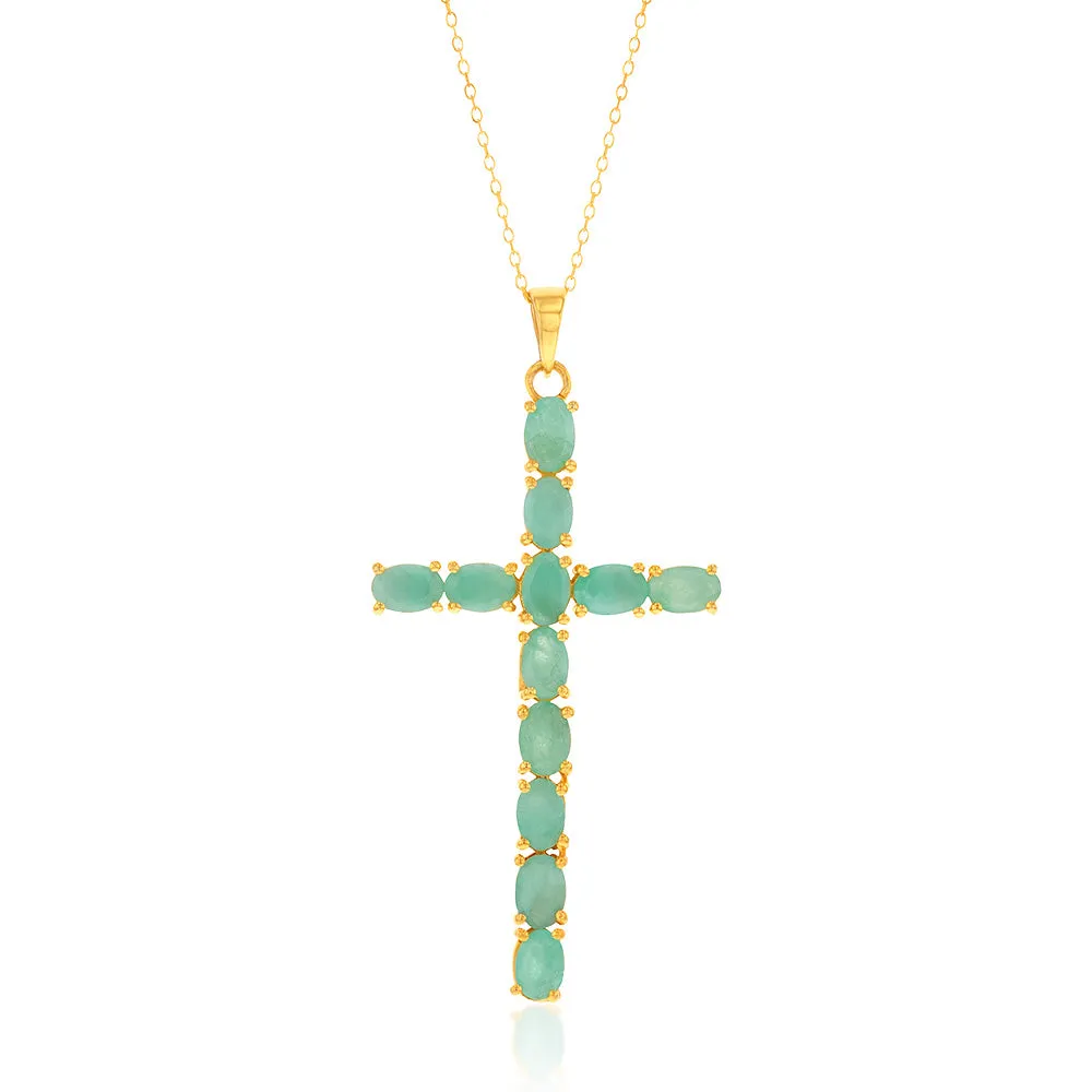 Sterling Silver Yellow Gold Plated 6.00ct Natural Emerald Cross Pendant