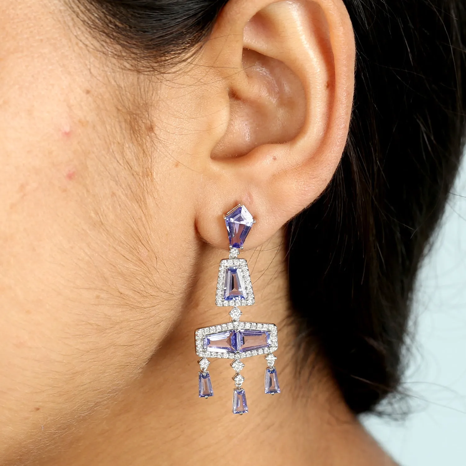 Tanzanite December Birthstone Pave Diamond Chandelier Earrings In 18k White Gold