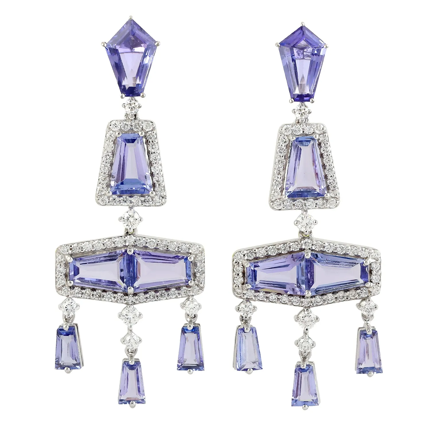 Tanzanite December Birthstone Pave Diamond Chandelier Earrings In 18k White Gold