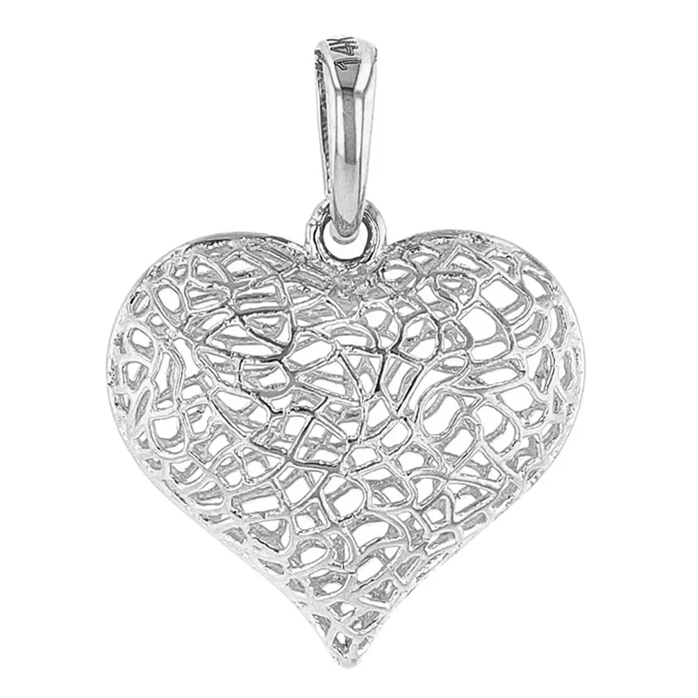 Textured 14k White Gold Puffed Filigree Heart Charm Pendant