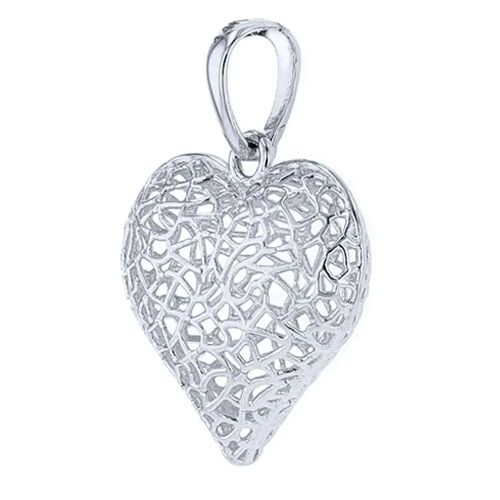 Textured 14k White Gold Puffed Filigree Heart Charm Pendant