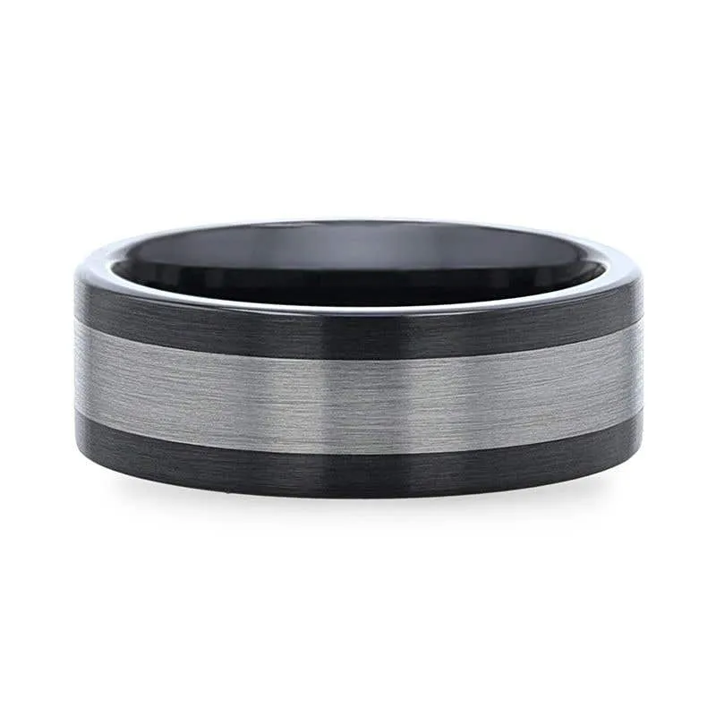 Thorsten ENDAST Ceramic Inlay Black Tungsten Wedding Band With Flat Brushed Edges - 8mm