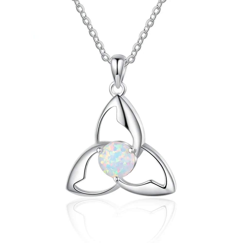 Three Leaf Windmill Round Opal Sterling Silver Necklace