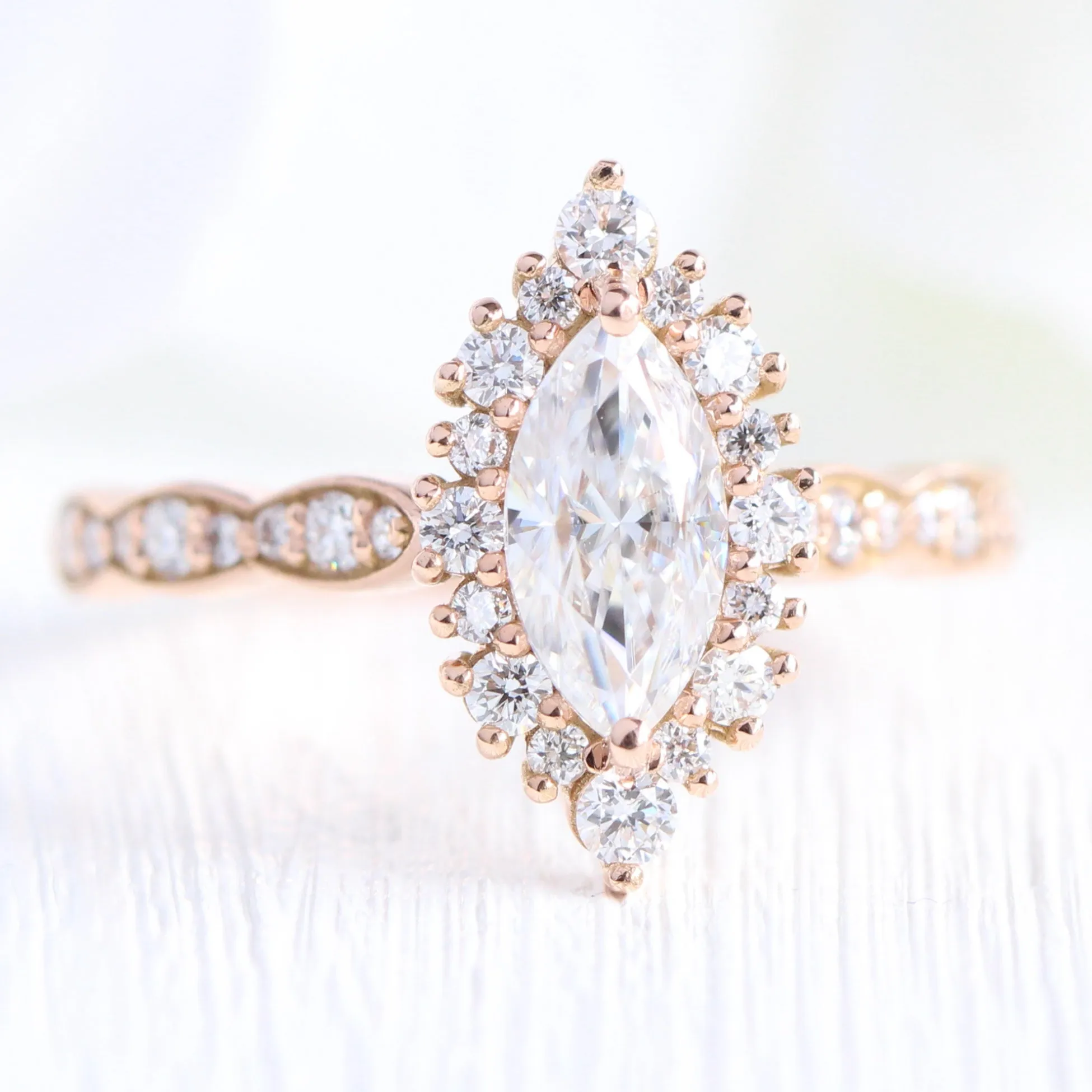 Tiara Halo Marquise Ring Bridal Set w/ Moissanite and Matching Diamond Band