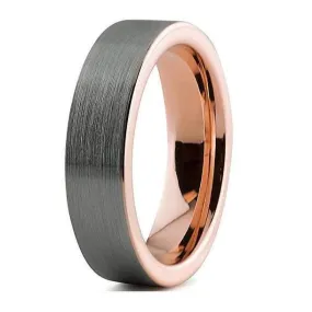 Tungsten Wedding Band With 18K Rose Gold Inlay Pipe Cut, Brushed & Polished - 6mm