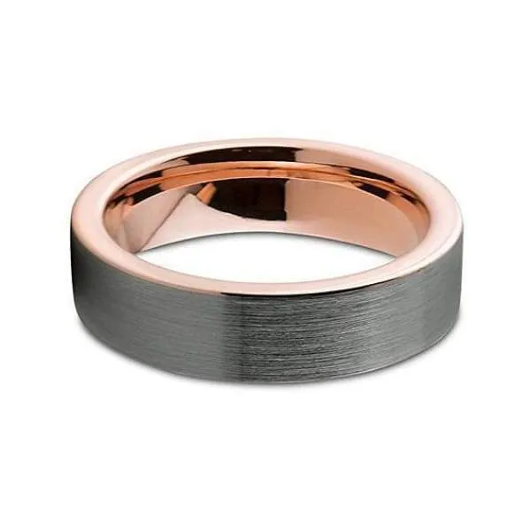 Tungsten Wedding Band With 18K Rose Gold Inlay Pipe Cut, Brushed & Polished - 6mm