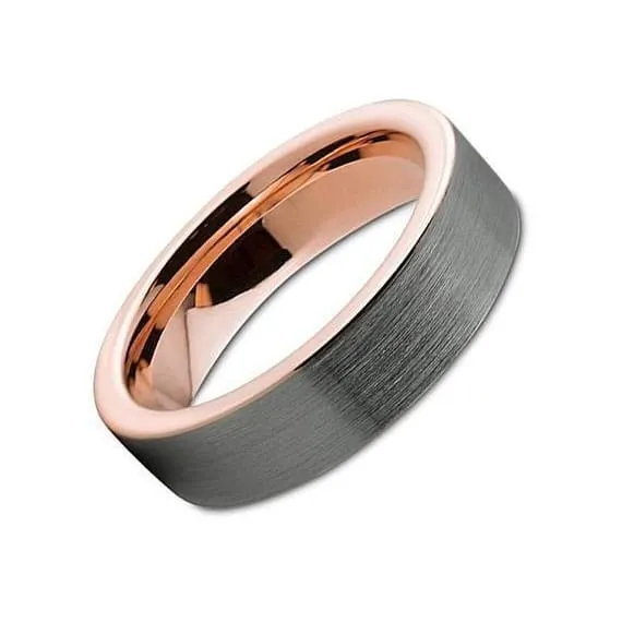 Tungsten Wedding Band With 18K Rose Gold Inlay Pipe Cut, Brushed & Polished - 6mm