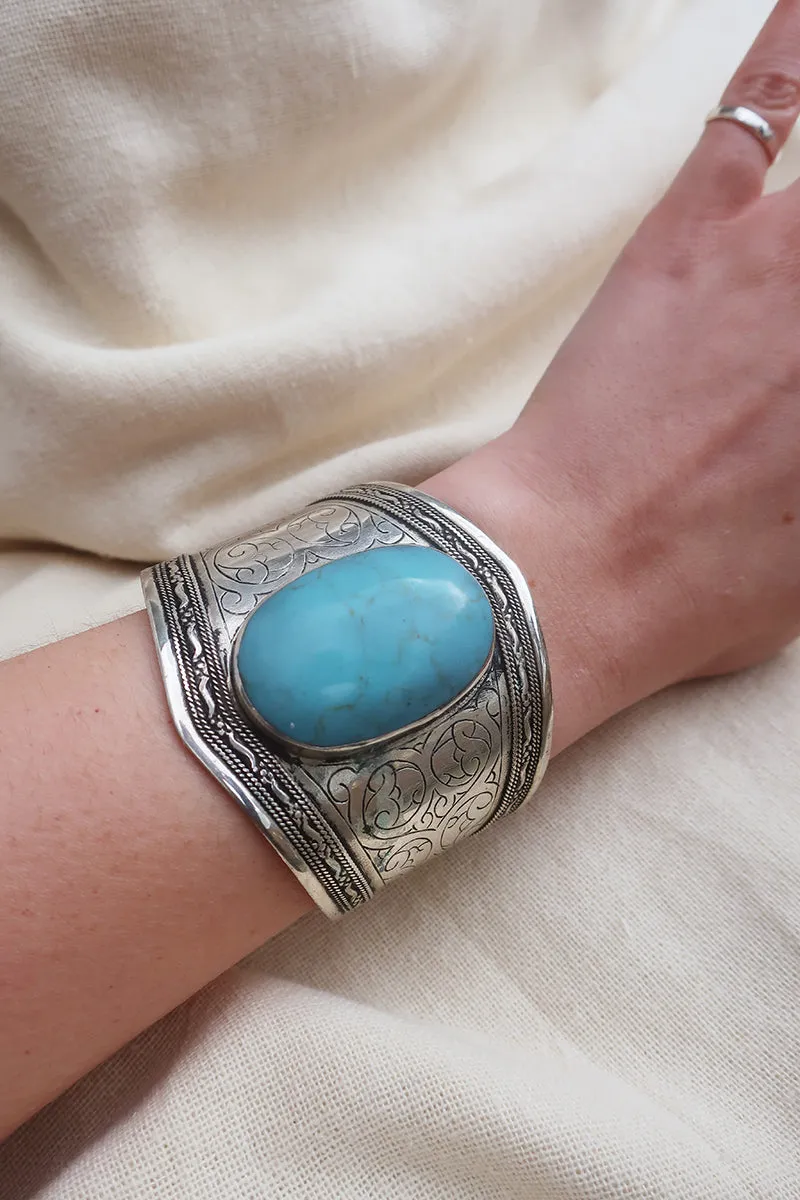 Turkish Silver Plated Brass Bangle with Reconstituted Turquoise