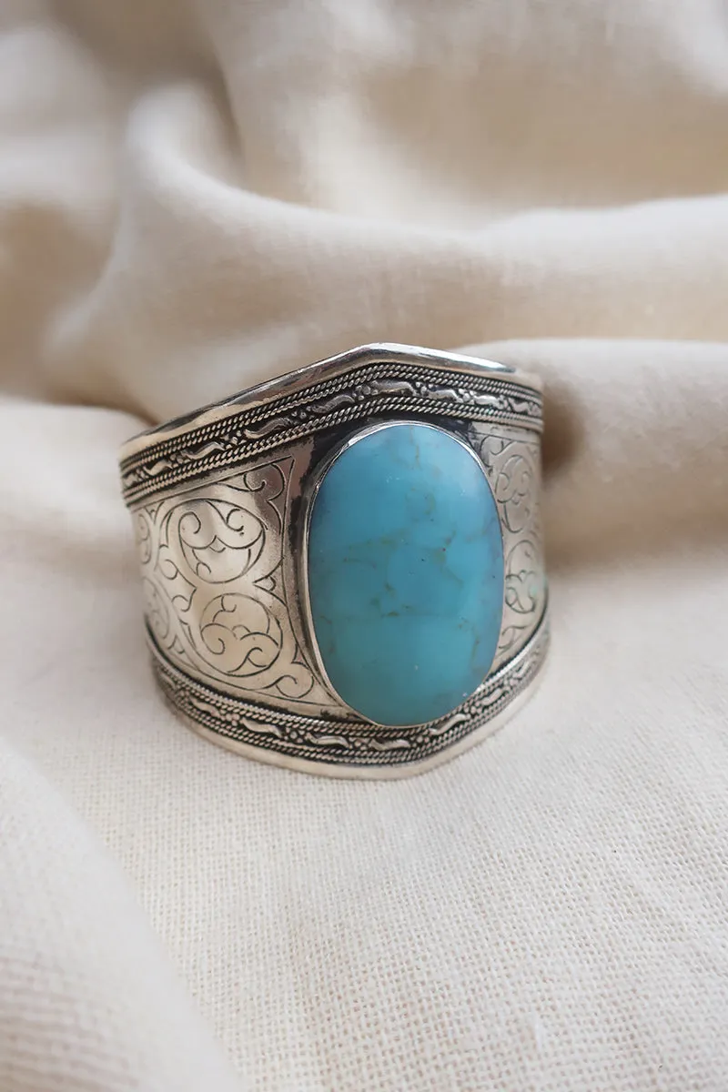 Turkish Silver Plated Brass Bangle with Reconstituted Turquoise