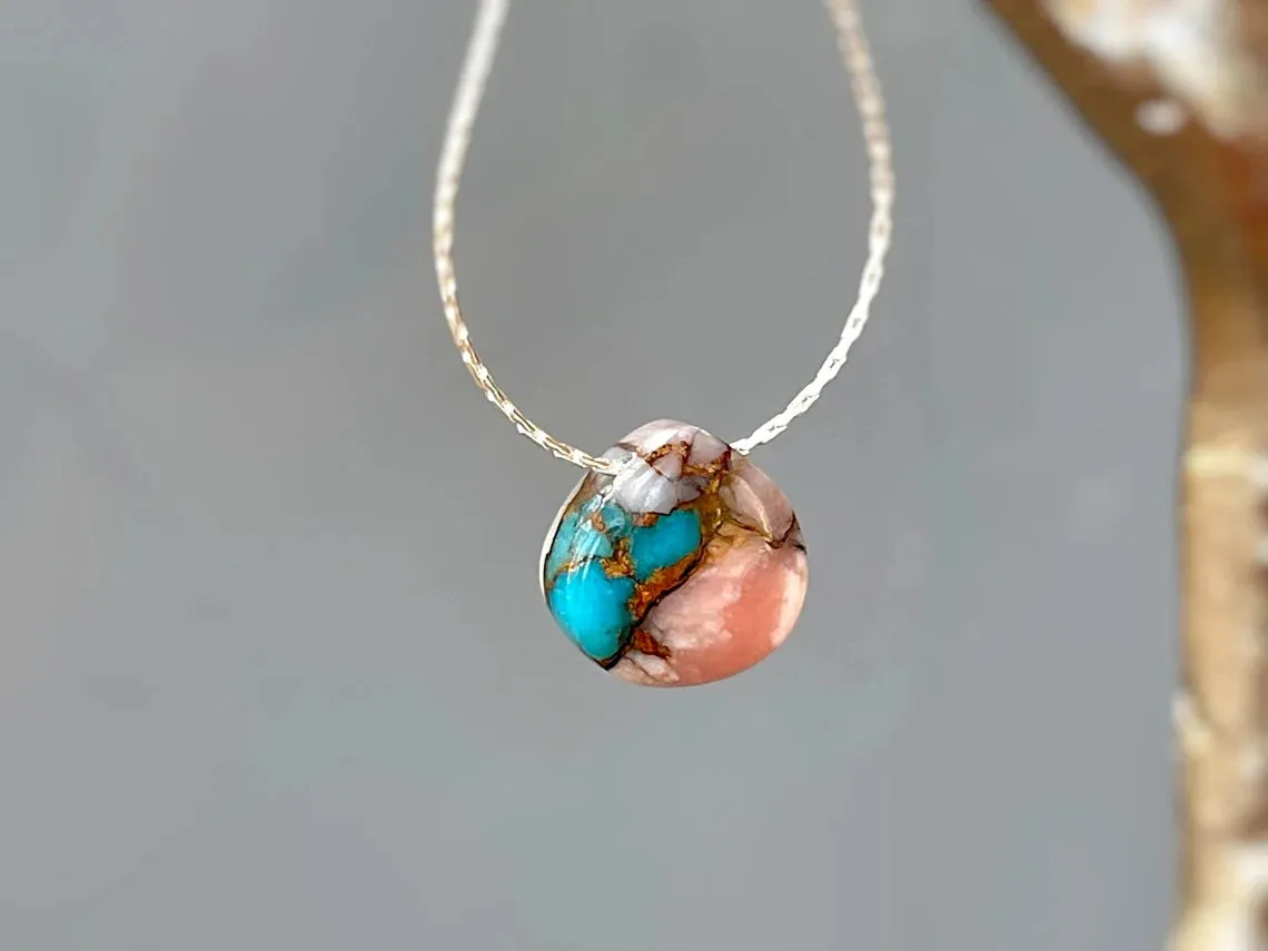 Turquoise and Pink Opal floating gemstone Solitaire Necklace