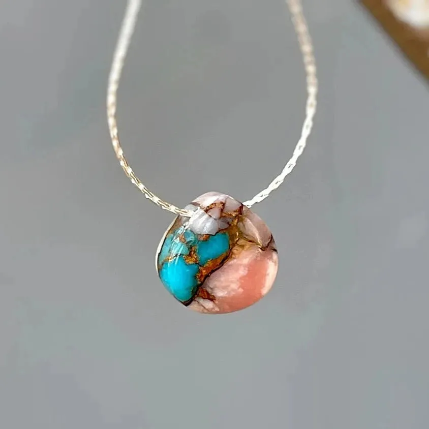 Turquoise and Pink Opal floating gemstone Solitaire Necklace