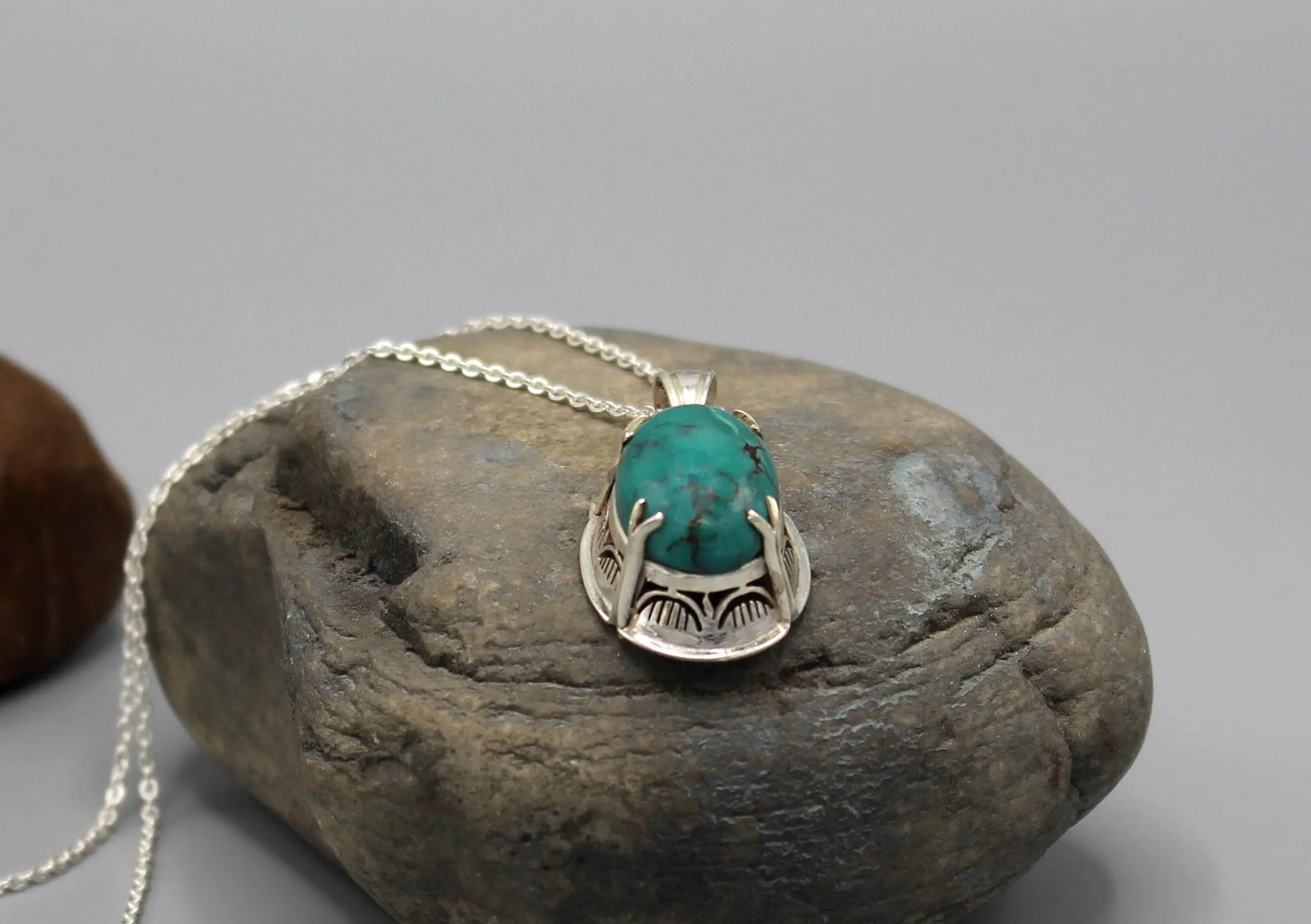 Turquoise Inlaid Fine Carving Sterling Silver Pendant