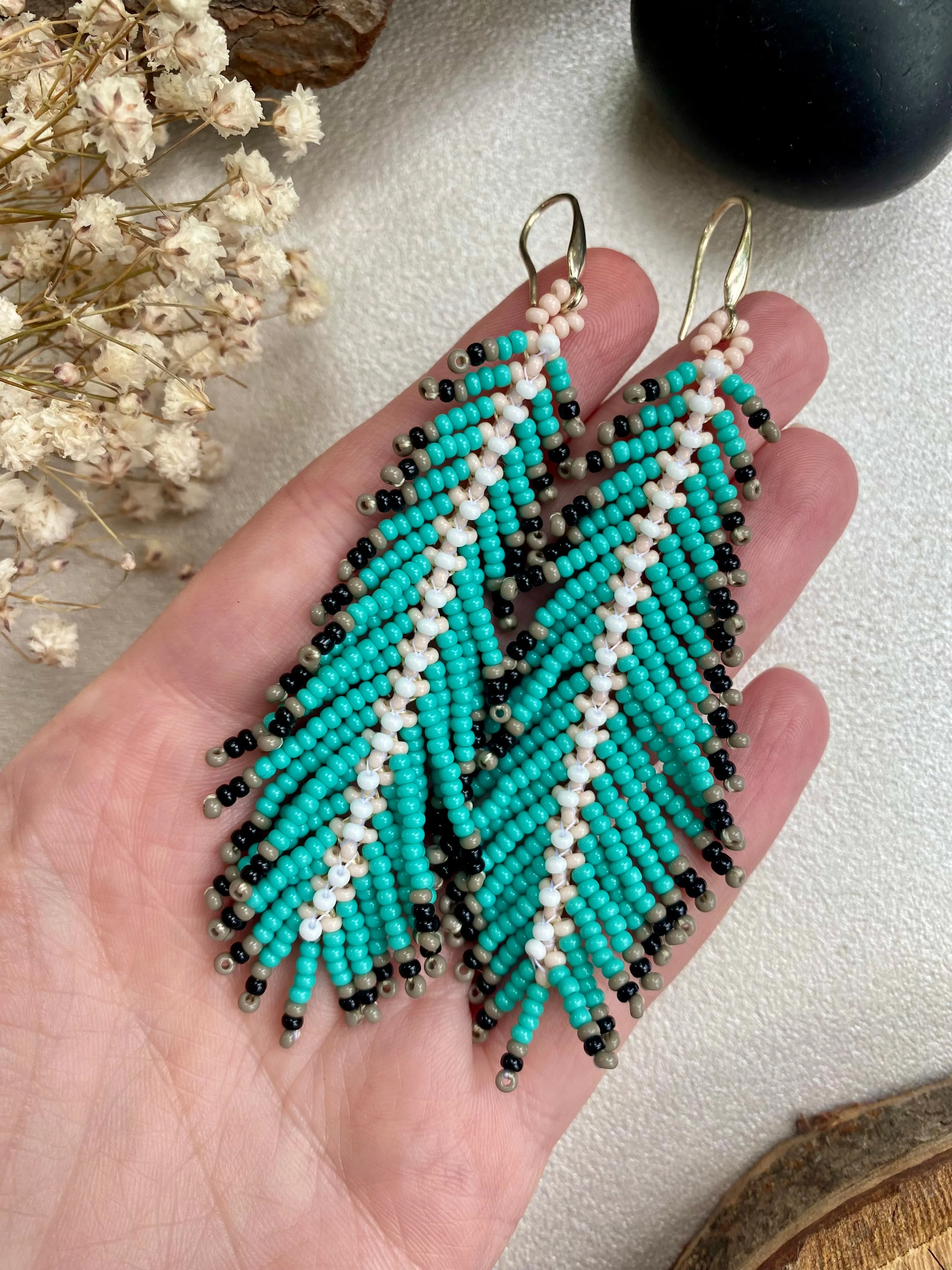 Turquoise Seed Bead Feather Earrings, Fringe Indigenous style Earrings Native inspired, Long Dangle Earrings, Blue Bohemian earrings, Unique Earrings